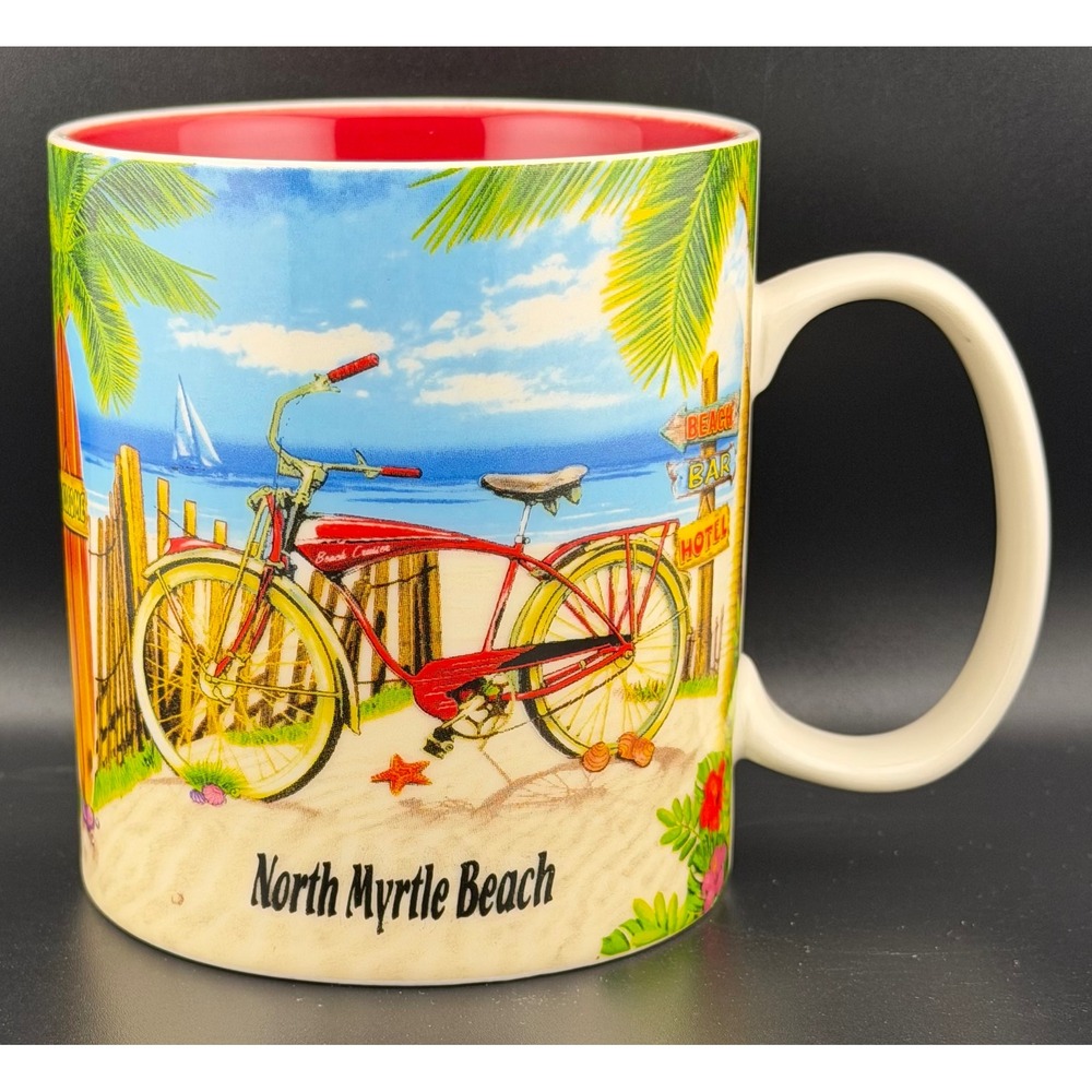 North Myrtle Beach Mug Red Tropical Surfboard Bicycle Souvenir‎ Travel Vacation